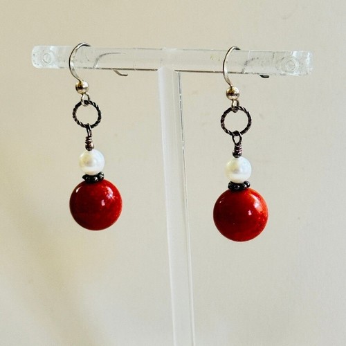 VTG Red Sponge coral Pearl Earrings Dangle Pierced beaded Silver 925 sterling - Picture 2 of 5
