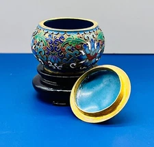 Vintage Enamel Asian Cloisonné Trinket Box With Stand