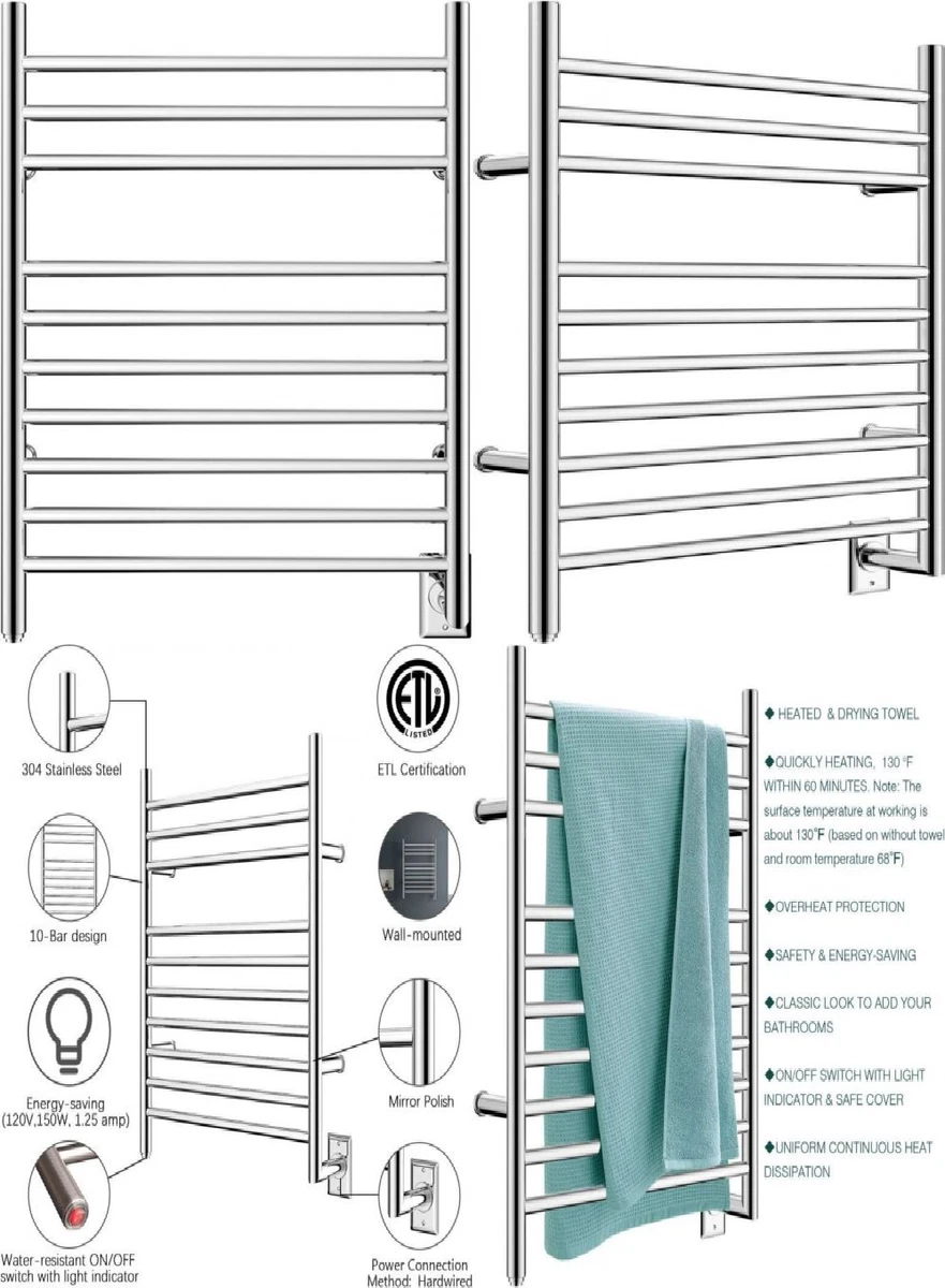 HEATGENE Hot Towel Warmer for Bath Hardwired Heated Drying Rack Mirror  Polish | eBay
