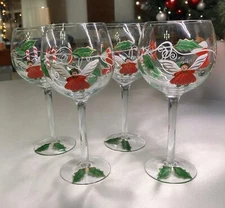 4 Hand Painted Holiday Winter Christmas Wine Glasses Goblets Whimsical Long Stem
