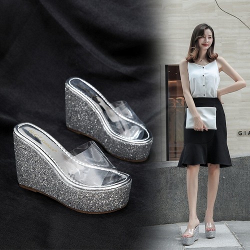 Summer Women Sandals High Heels 14CM Nightclub Peep Toe Transparent Sequin Shoes - Picture 28 of 44