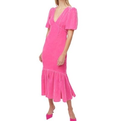 $565 New Rhode Pink Ester V-Neck Puff Sleeve Velvet Dress in Jaipur Sz 2
