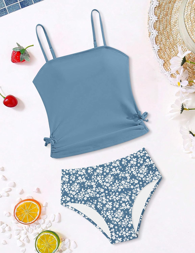Girls Tankini Swimsuits Two Piece Bathing Suit Drawstring Swimwear Set for Girls - Picture 6 of 12