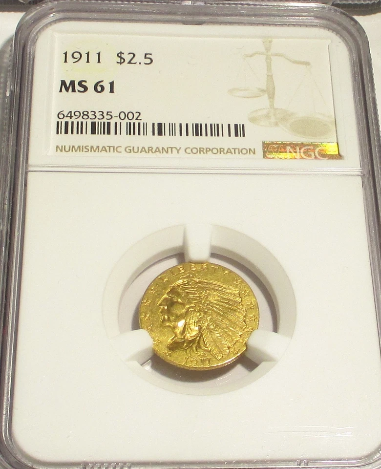 1911 INDIAN HEAD $2.5 QUARTER EAGLE GOLD COIN NGC MS61 RARE US COIN. - Image 3 of 4
