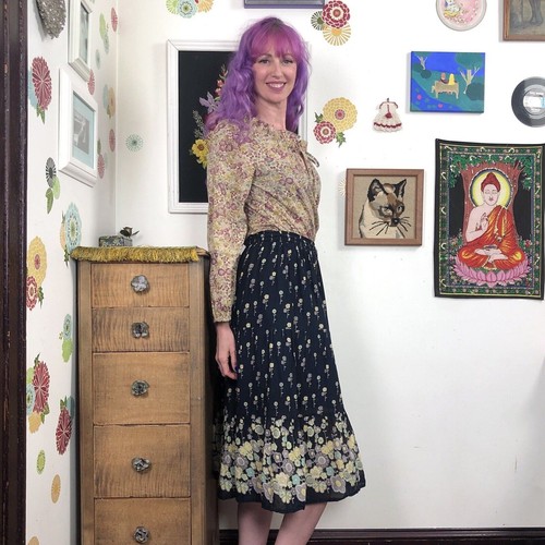 Vintage Cotton Gauze Hippie Skirt, 1990s Black Floral Indian Cotton Midi, OS - Picture 2 of 12