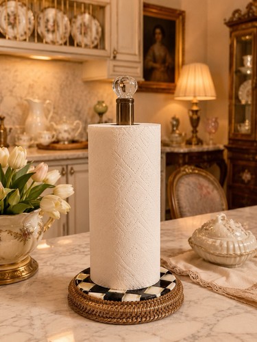 MacKenzie Childs Courtly Check Enamel Paper Towel Holder with Rattan Woven Base