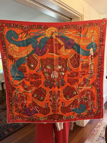 Hermes Silk Care Twill Silk 90cm Sound L’Egide De Mars Capucine Rouge Canard