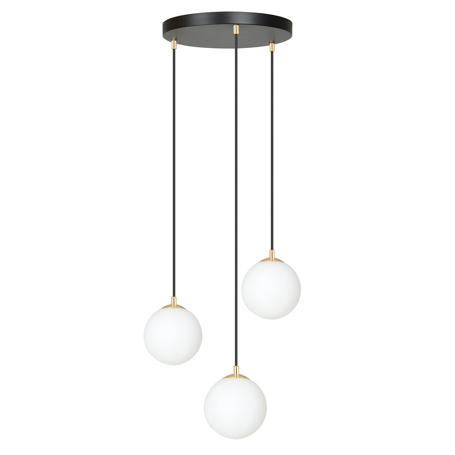 Sospensione Contemporanea Nuada 3 Luci In Acciaio Nero/Oro Sfere Vetro Bianco