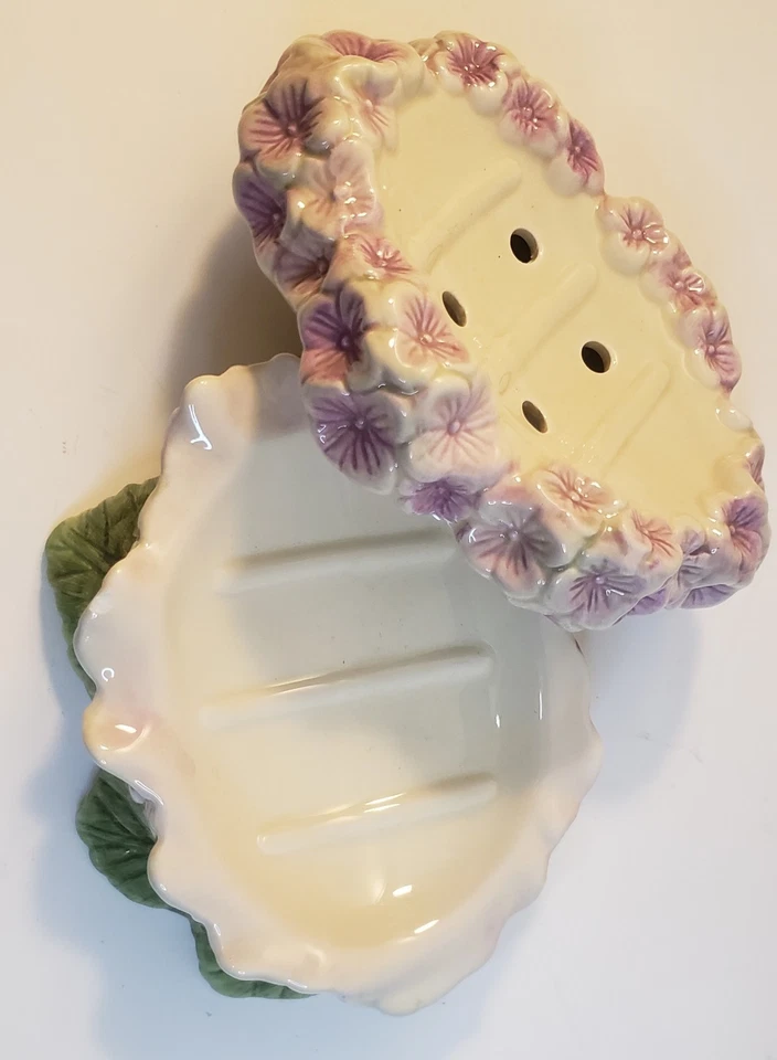 Jabonera de cerámica floral lavanda Shabby Chic - Accesorio de baño estilo vintage Foto 3 de 4