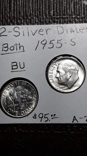 2  Silver Dimes BU Luster   Both 1955-S   Roosevelt  Dimes  Lot A-7