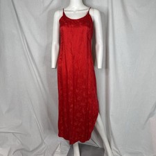 Vintage Y2K Asian Silk Slip midi Dress tag L fits S/M Nightgown Red Micro Floral