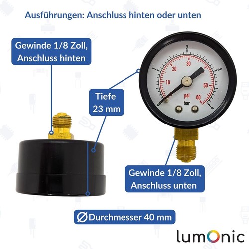 Pressure gauge 0-10bar 1/8 Customs Class 2.5 Rear connection Diameter 40mm Press - Picture 2 of 8