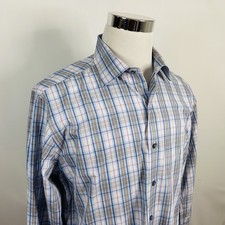 David Donahue 17 36 Fusion Dress Shirt Gray Blue Pink Plaid 100 Cotton