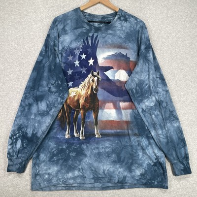 The Mountain Shirt XL Blue Tie Dye Eagle Horse Flag Long Sleeve Crew Neck