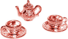   3Pcs Miniature Tea Set Vintage Metal Teapot Coffee Cups, Dollhouse Kitchen Acce