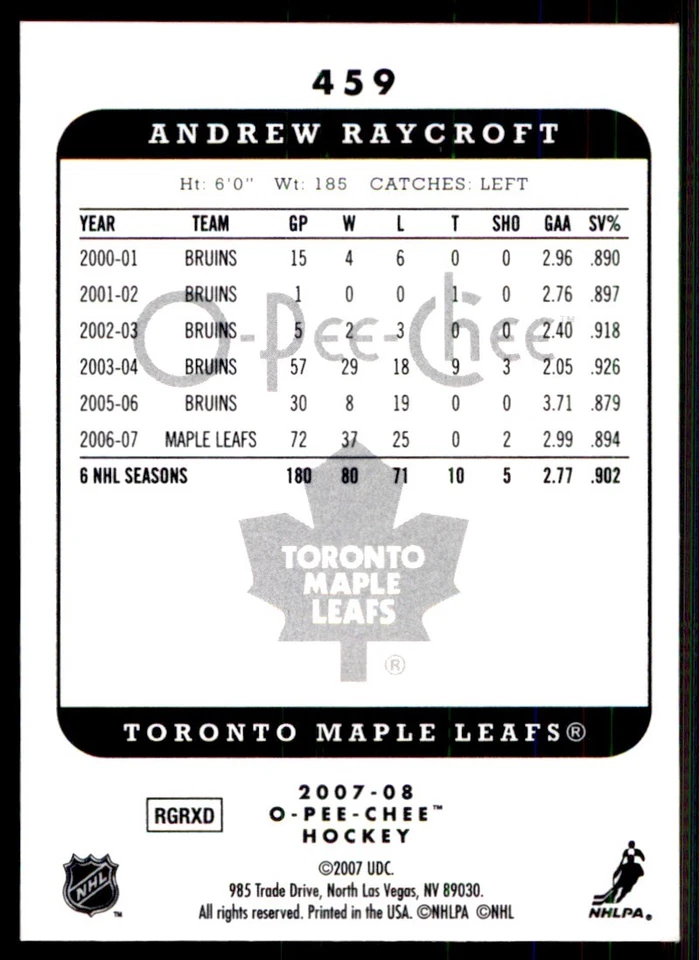 2007-08 O-Pee-Chee Micromotion Andrew Raycroft Toronto Maple Leafs #459 - Image 2 of 2