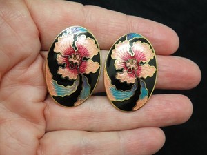 Authentic Authentic 1980's Gold Plated Orchid Cloisonne Flower Clip Earrings