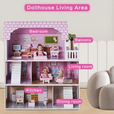 Pink Wooden Dollhouse with Furniture, 3-Storey Doll Houses Kids Playhouse Toys