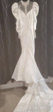 Vintage 80s SZ 8 White Satin Mermaid Trumphet Choker Neck Sequin Wedding Dress