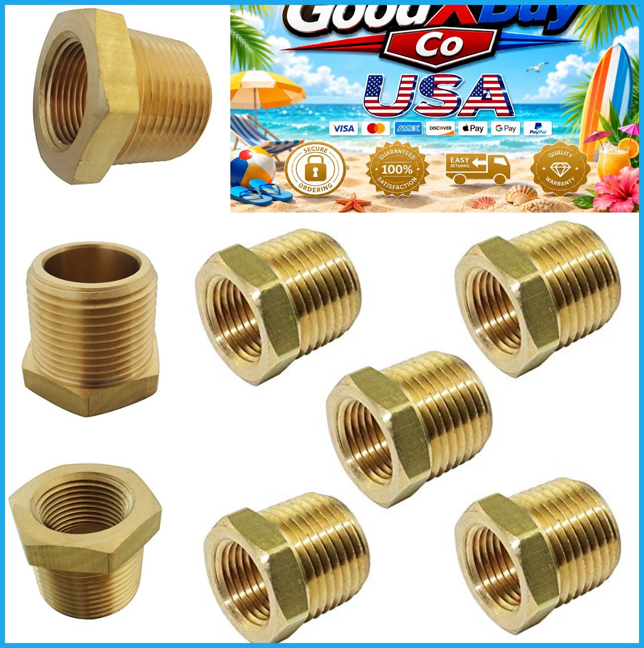 Brass Pipe Fitting Bushing Reducer 3/4 NPT Male x 1/2 Female Thread 5 Pack 1200