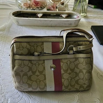 Coach Signature Beige Pink Stripe Shoulder Bag Zip Closure Lined Inner Pockets