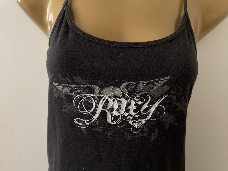 Vtg Y2K Roxy Paradise Surf Cami Tank Strappy L Black Skull Wing Graphic Grunge - Image 2 of 4