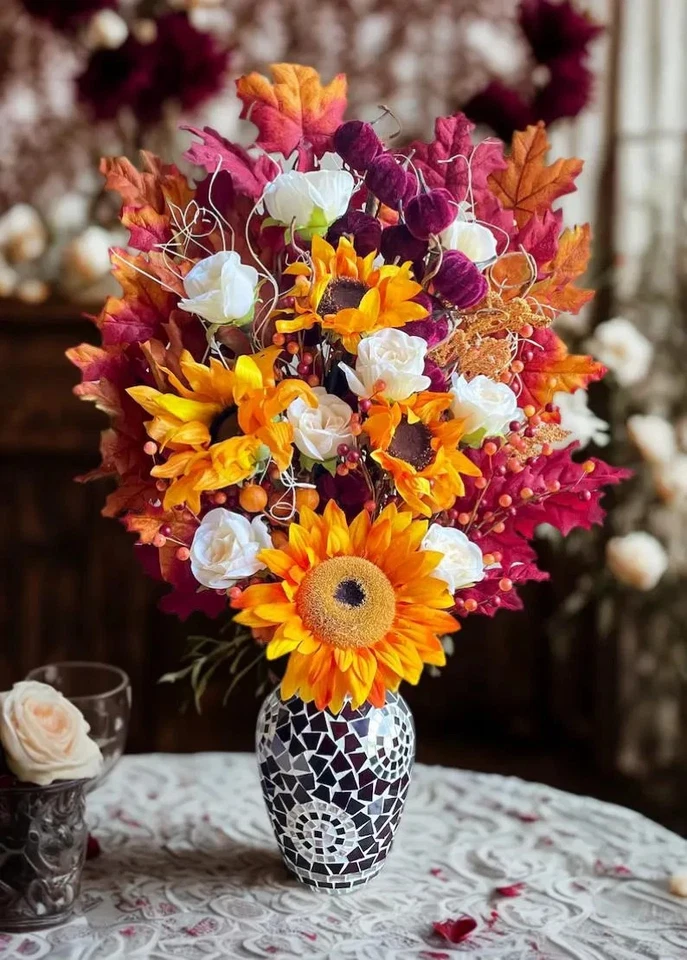 Centro de mesa Otoño Girasol Otoño Malva Borgoña Salón Comedor Decoración Acento Foto 3 de 4