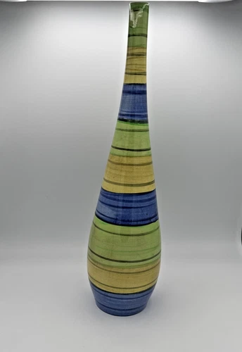 Vintage Red Wing Art Pottery Striped Vase 16.5” Blue Green Yellow Chromoline