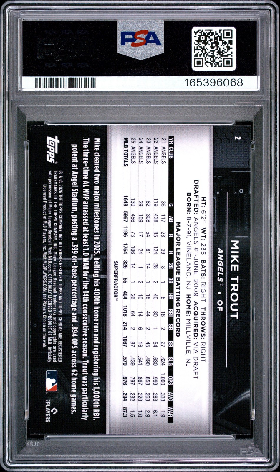 2026 TOPPS CHROME BLACK SUPERFRACTOR 1/1 #2 MIKE TROUT 1/1 PSA 8 view 2