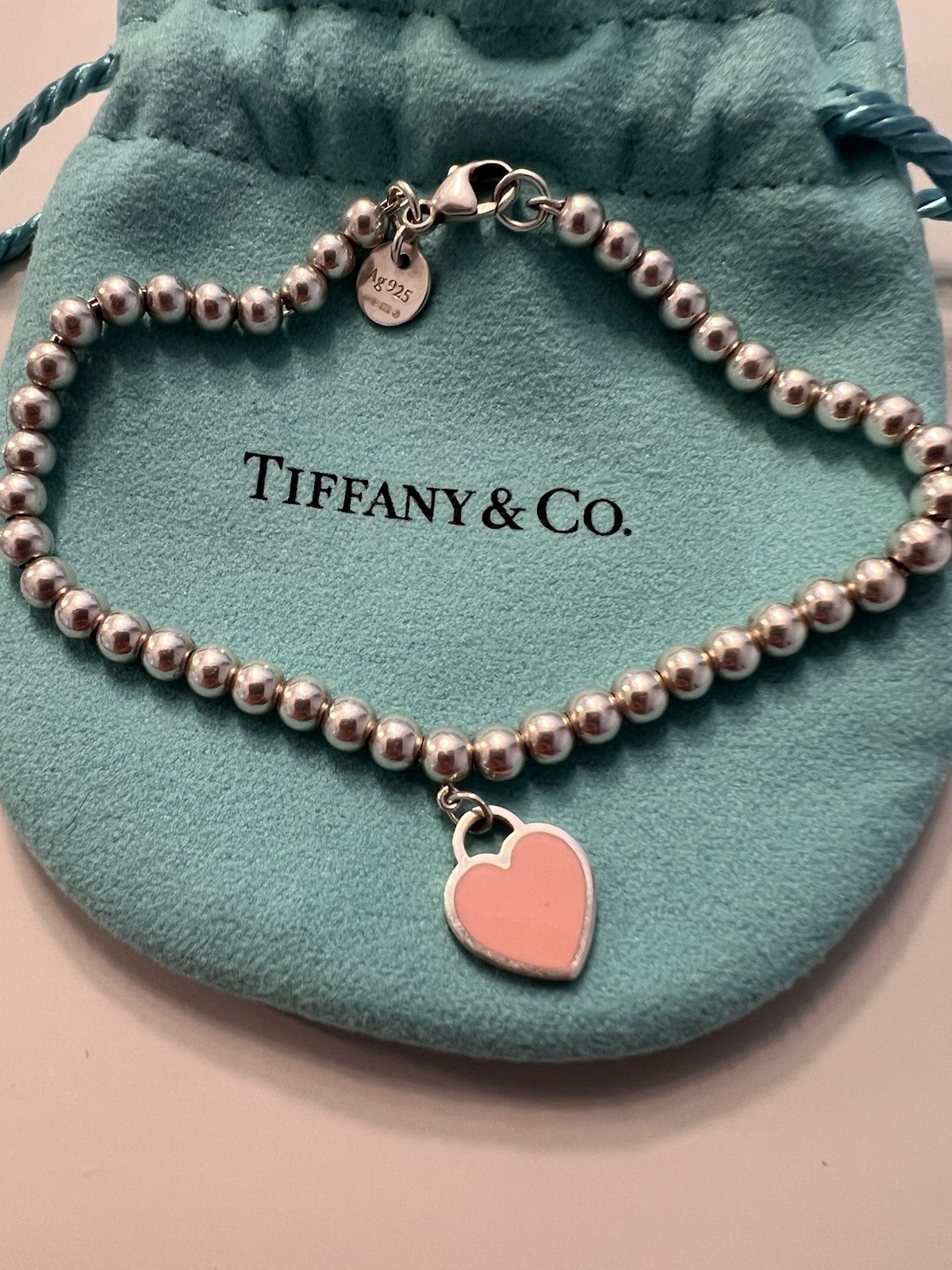 Return To Tiffany Pink Heart Tag Bead Bracelet Silver 4mm Size Small