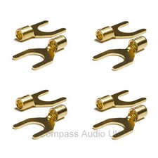 10 Gold Spade Terminal Connectors for Speaker Cable Crimp or Solder 8mm Fork