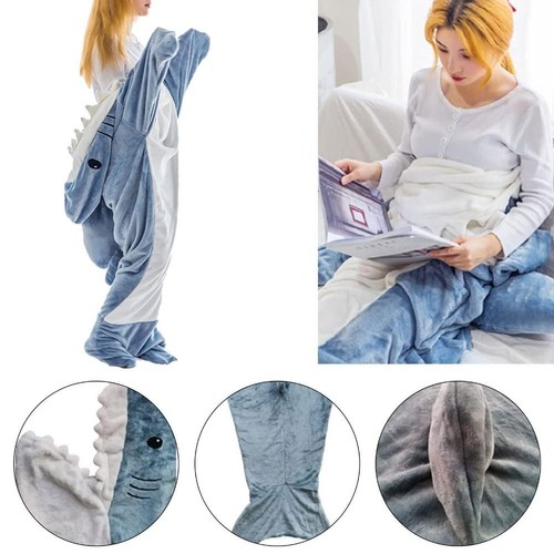 Flannel Shark Blanket Hoodie Super Soft Cartoon Pajamas Cosplay Costume - Picture 4 of 16