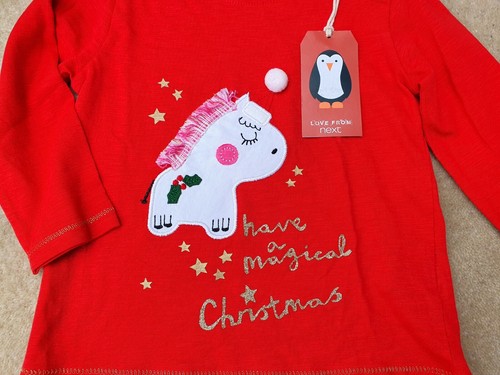 NEXT Baby Red Long Sleeve Christmas T Shirts Cotton Magical Unicorn MRRP £6 - Picture 4 of 4