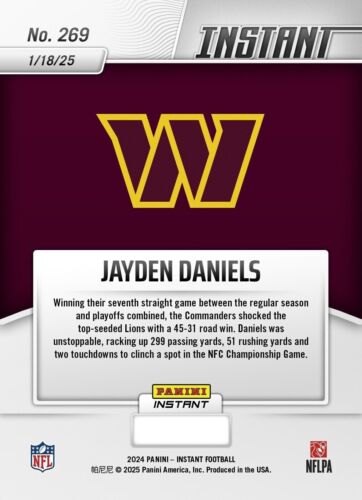 2024-25 Panini Instant NFL #269 Jayden Daniels Washington Commanders RC - quantità - Foto 2 di 2