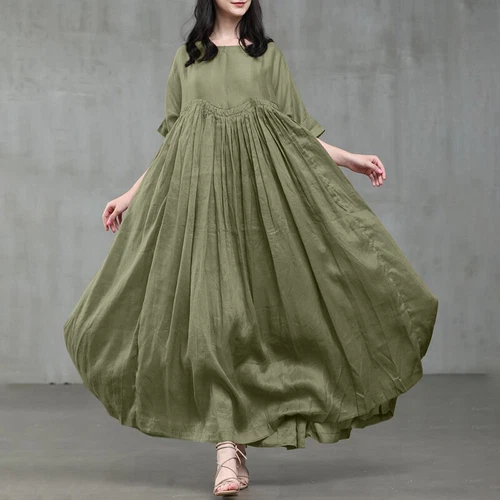 Damen Kurzarm Baumwolle Lockere Taille Party Swing Maxikleid S-5xl - Bild 9 von 28