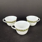 Vintage Pyrex Spring Blossom Crazy Daisy Coffee Cups Mug Green Milk Glass -3-Pcs