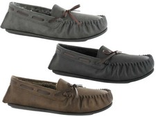 Mens Mocassin Slippers Memory Foam Faux Fur Lined Leather Effect Cosy Slip Ons
