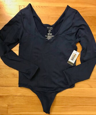 NWT Sofia Jeans Long Sleeve Bodysuit Navy Sz L Scoop Neck Snap Closure