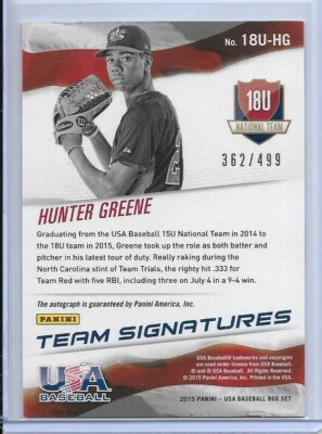 2015 PANINI TEAM USA ROOKIE HUNTER GREENE AUTOGRAPH AUTO #D/499 