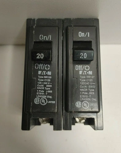 LOT OF 2 NEW OLD STOCK! EATON 20A 120/240V 1-POLE CIRCUIT BREAKERS BR120