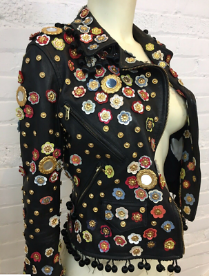 Moschino Leather Jacket Womens Grommet Studded Black Leather