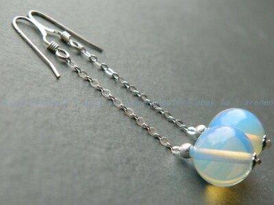 10mm Smooth Round Opalite Moonstones, 925 Silver Long Drop Handmade Earrings