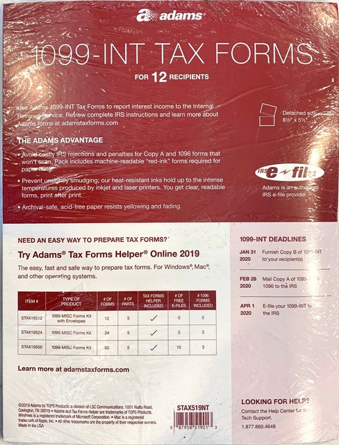 12 Pack Of 1099 INT Tax Forms Adams Tax Forms Helper EBay
