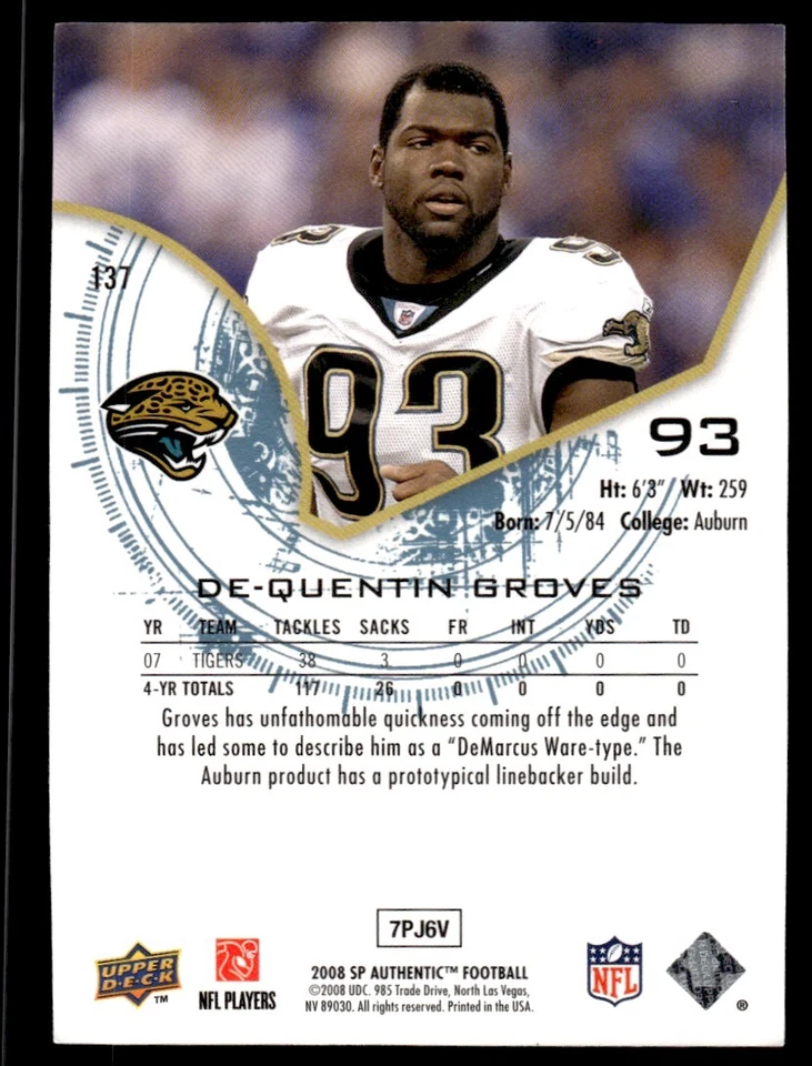 2008 SP Authentic Quentin Groves Rookie 1218/1399 Jacksonville Jaguars #137 R12 - Image 2 of 2