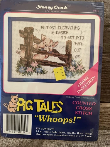  NEW Stoney Creek Cross Stitch Kit PIG TALES "Whoops!" w Blue 5x7 Frame