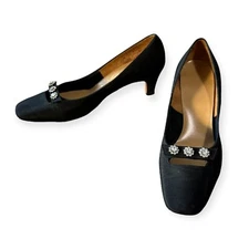 Vintage Carol Brent (Montgomery Ward) 60s Mod Black Moire Pumps rhinestone, 6.5