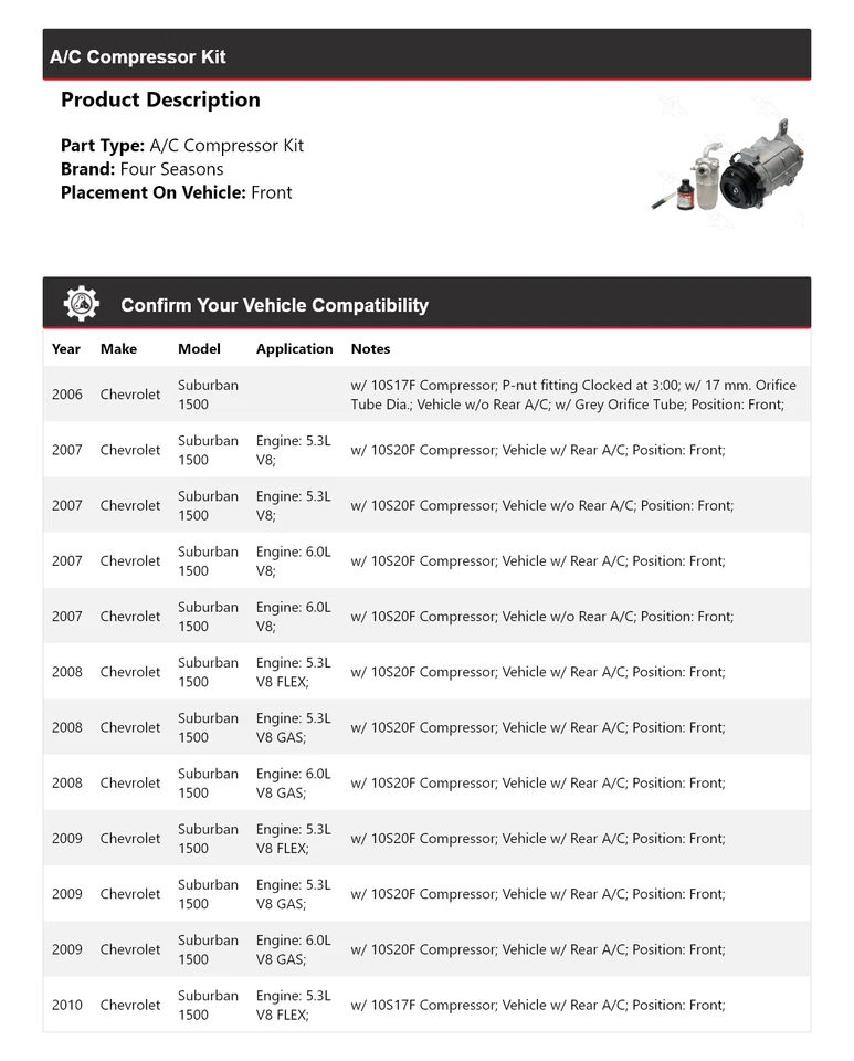 For 2006-2010 Chevrolet Suburban 1500 A/C Compressor Kit Front 4 Seasons 2007 - Image 2 of 4