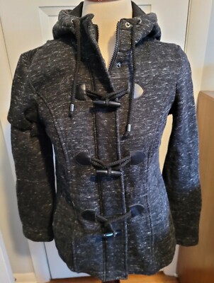 Adorable Sebby Womens Black Marled Hooded Full Zip Fleece Toggle Jacket Sz Small