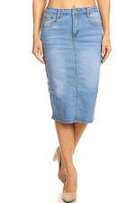 Womens Plus/Juniors Mid Waist Below Knee Length Denim Skirt in Pencil Silhouette