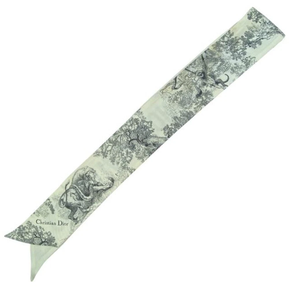 Foulard Christian Dior 38x2 pouces Mitzah soie blanche et grise 04634a